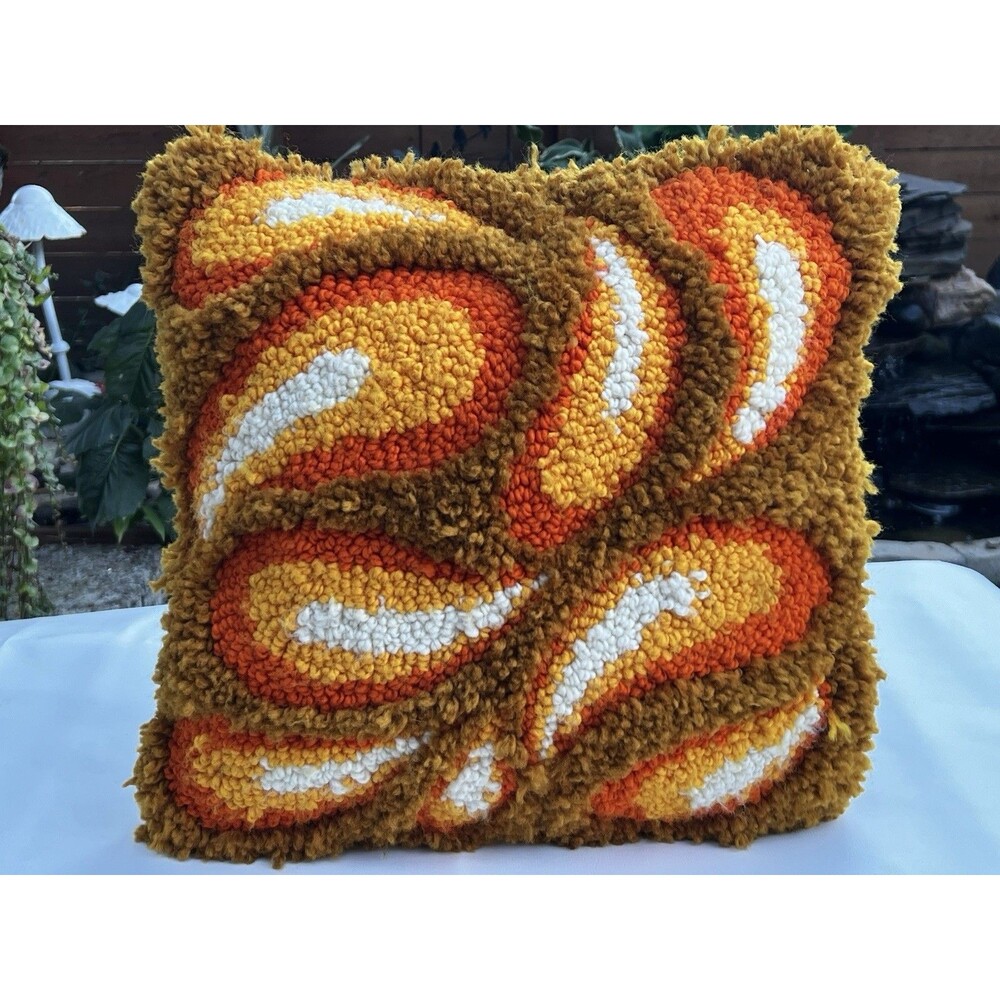 Vintage 1970s Latch Hook Pillow Shag Abstract Wavy Throw Cushion Orange Brown